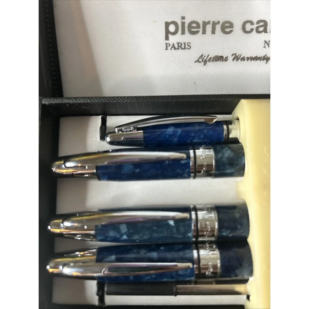 Pierre Cardin 5 Piece Blue Pen Set. Vintage Unused Blue Marble Coloring.
